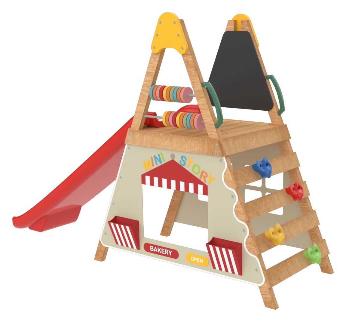 Bebeji Design timber children’s play tower with slide, climbing holds, abacus and chalkboard — 3D render
